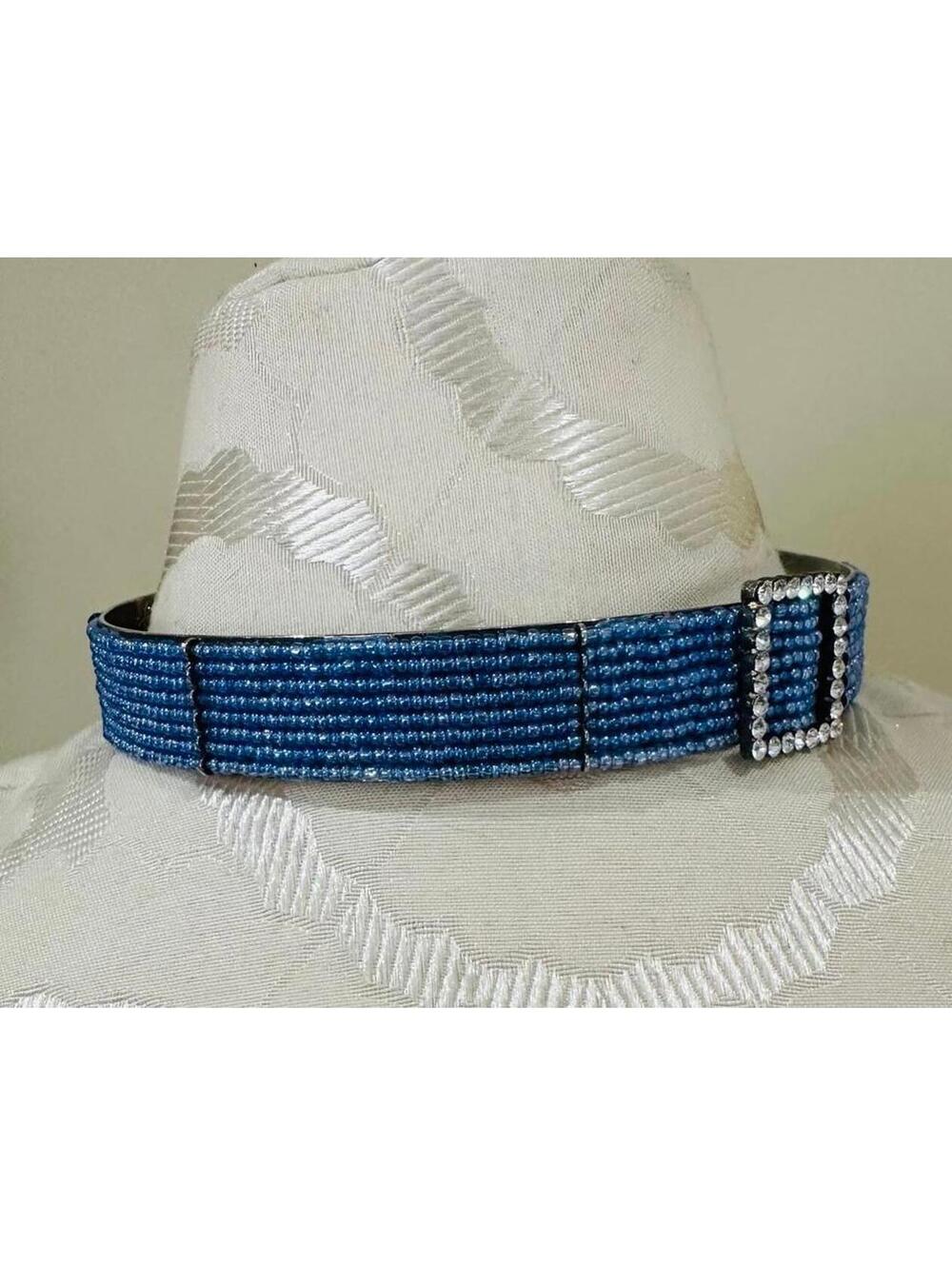 Vintage Blue Beaded Handmade Headband with Rhinestone Buckle